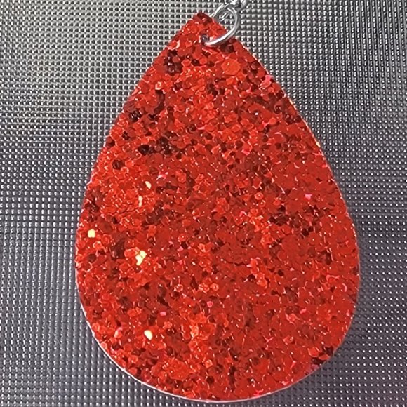 Disco Glittered Teardrop Shape Dangle Earrings Faux Leather Red 2.95" Drop New - Picture 3 of 9